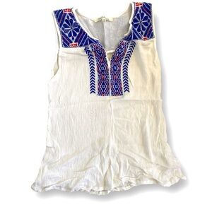 Solitaire Boho White Sleeveless Top with Blue Embroidery